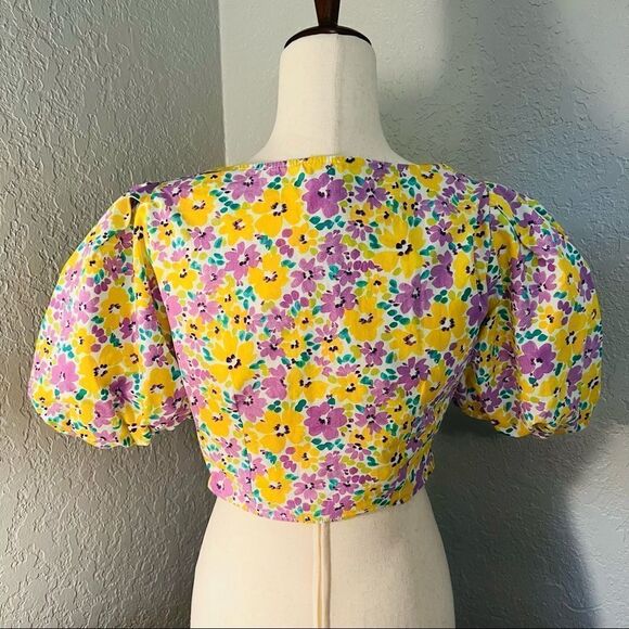 River Island Floral Print Puff Sleeve Crop Top, Yellow/Purple, Small/Size 4, NWT - Picture 10 of 15